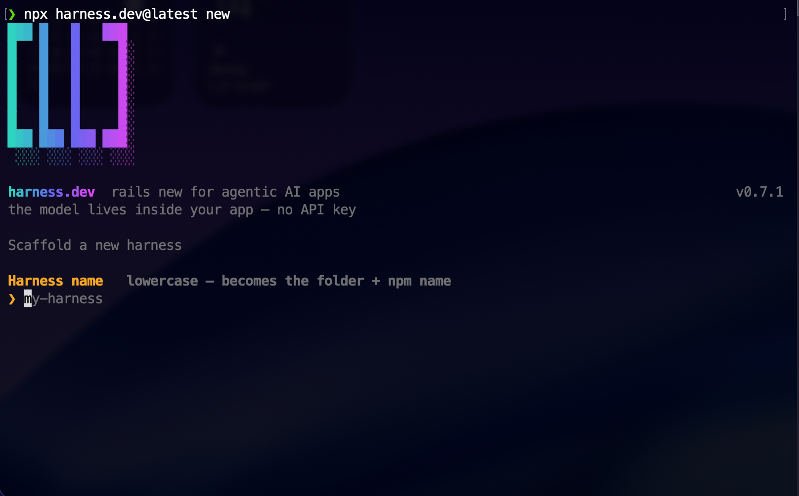 harness.dev at the Harness name step with hello-harness entered