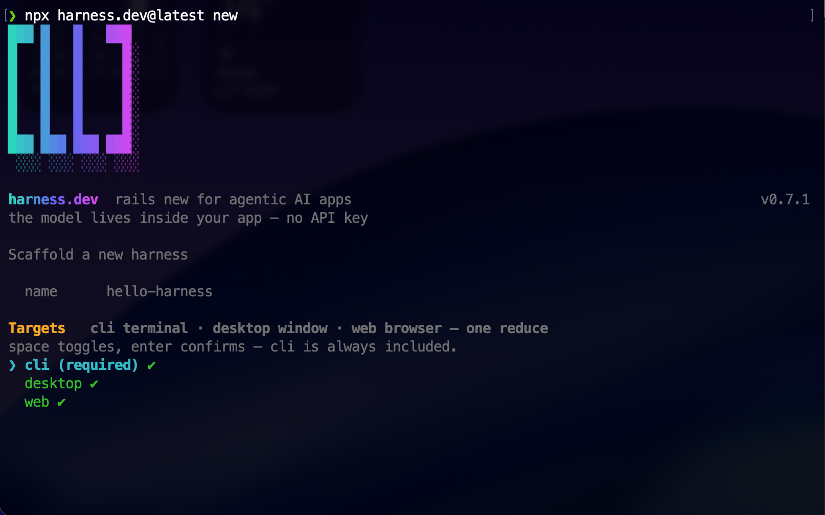 harness.dev with CLI, desktop, and web selected