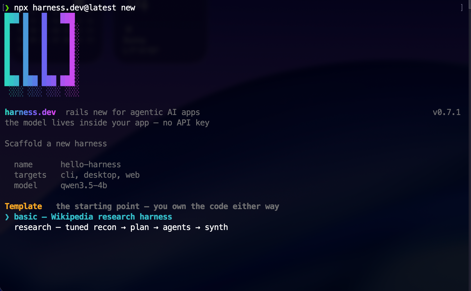 harness.dev with the basic Wikipedia research harness selected