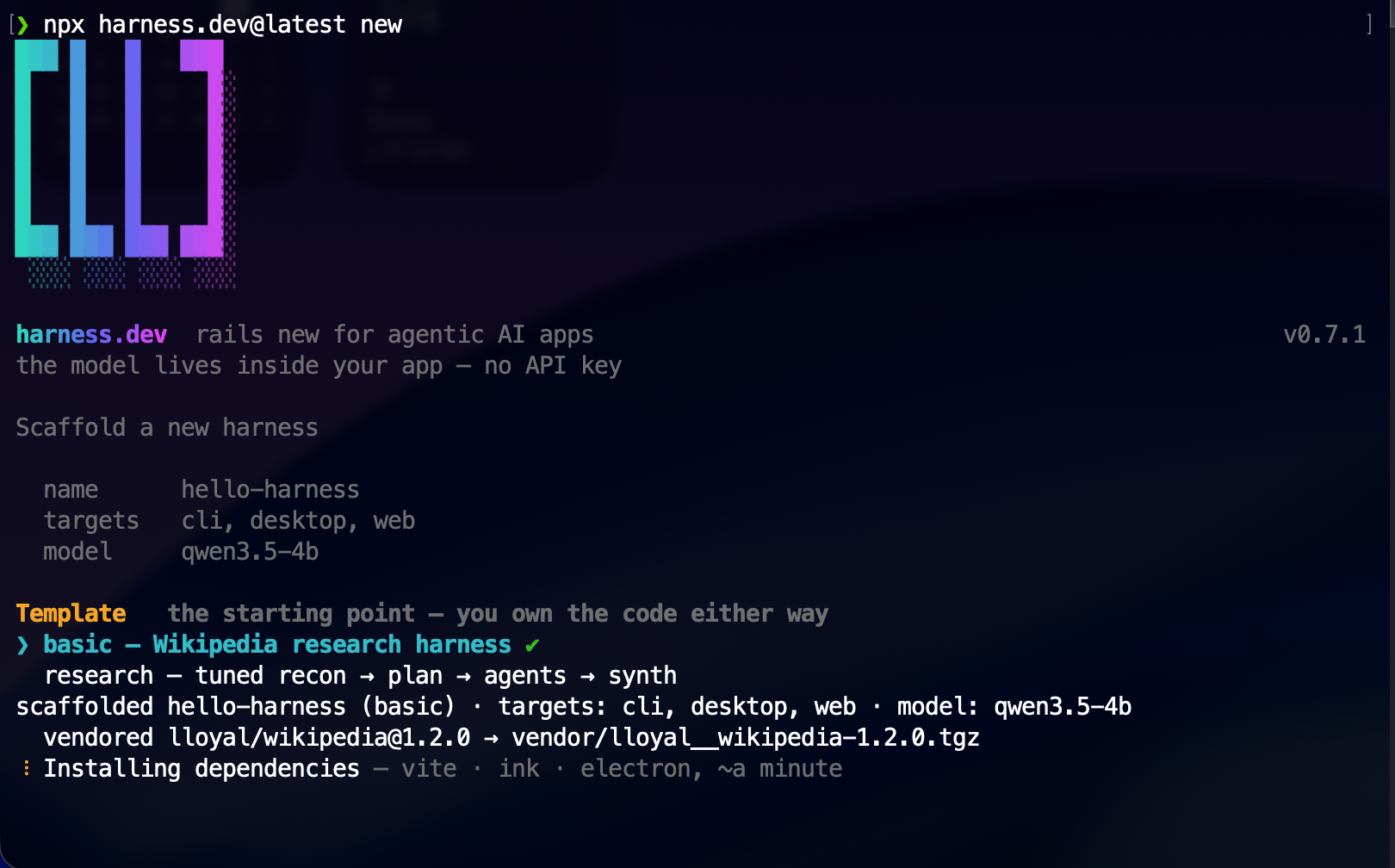harness.dev scaffolding hello-harness and installing dependencies