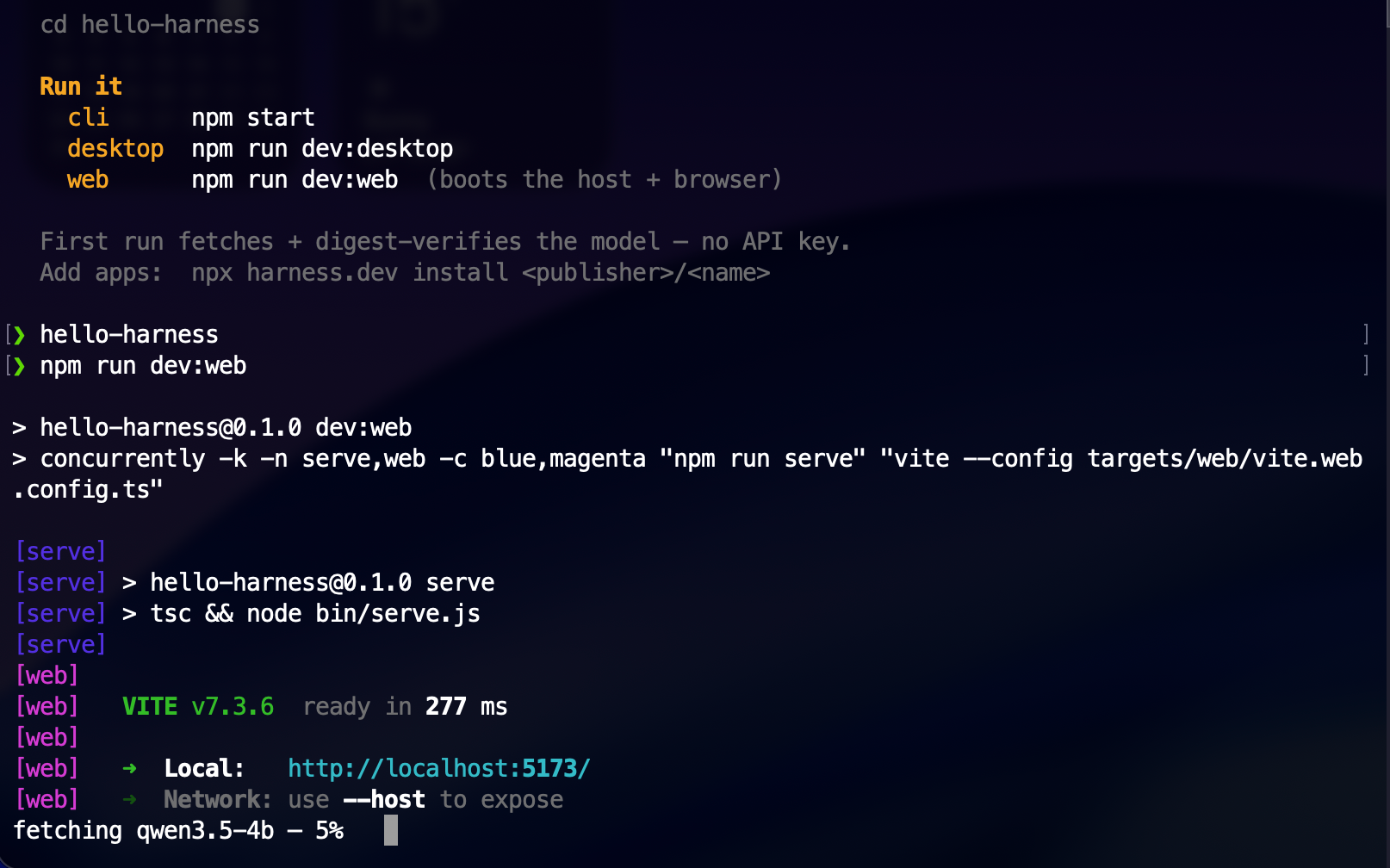npm run dev:web starting the resident-model host and browser client